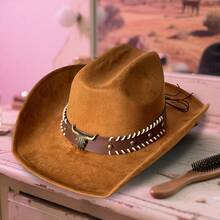 Retro Western Wide Brimmed Hat With Bullhead Decorative Band Suede Cowgirl Cap For Men Woman - Brown - View 3