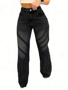 Women's Casual Straight Leg Jeans, Paired With Striped Decorations, Suitable For All Seasons, Suitable For Daily Outings, Back To School Season, Back To School Season, Rural Concerts - 黑色 - 查看 6