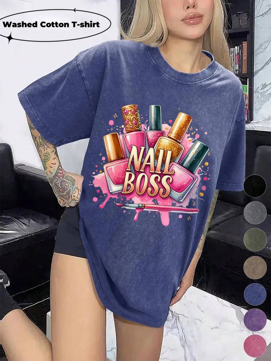 Women's Washed Cotton T-Shirt Glitter-Gold-Pink-Nail-Boss Painted Design Soft And Breathable Fabric, Machine Washable Spring And Summer Daily Stylish Tops The Best Gift For A Friend
