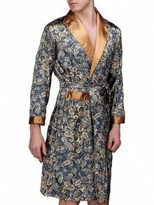 Lavenderi Mens Silky Satin Lounge Robe, Long Lightweight Sleepwear - 海軍藍印花 - 查看 5