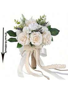 Handheld Artificial Rose Bouquet, White And Champagne, Bridal And Bridesmaid Decoration (White/Champagne, Regular Size) - Many - View 8