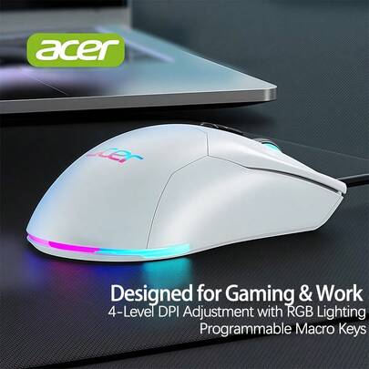 Acer 滑鼠OMW210 超低零延遲 人體工學宏編程 防汗紋側翼 電競遊戲有線滑鼠 持久競技套裝 白色