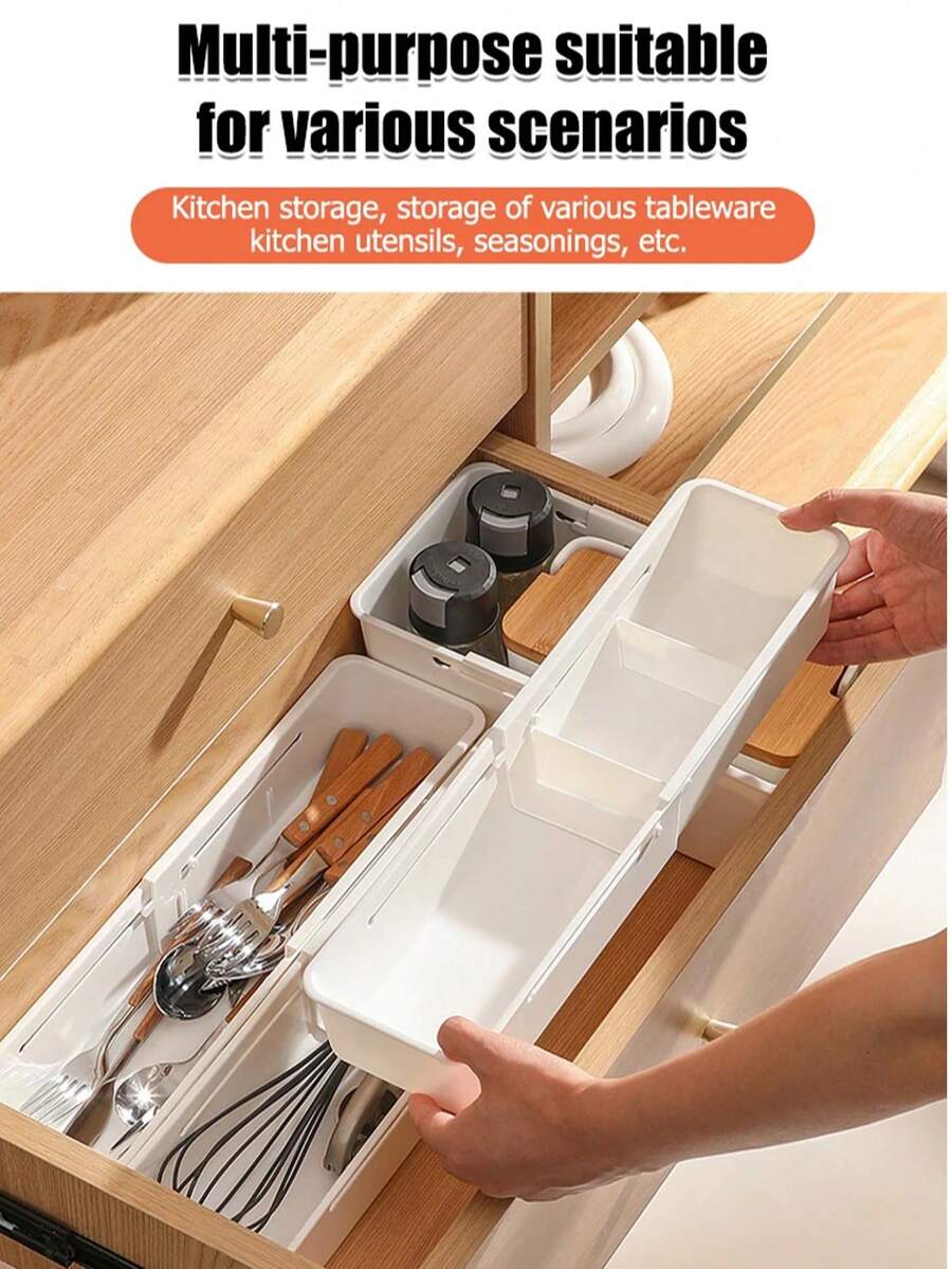 Caja de almacenamiento que se puede redimensionar y ajustar con divisores / Caja de almacenamiento de cocina / Caja de almacenamiento de cosméticos / Caja de almacenamiento de papelería / Compatible con varios tamaños de cajones / Almacenamiento multifuncional / Organizador de partición perfecto Caja de almacenamiento con compartimentos multifuncionales