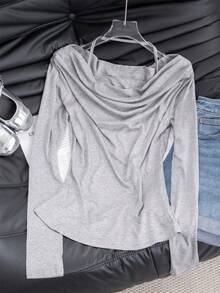 1pc Women's Open Shoulder Long Sleeve T-Shirt, Solid Color Knit Fabric, Pullover Street Style Top, Autumn/Winter