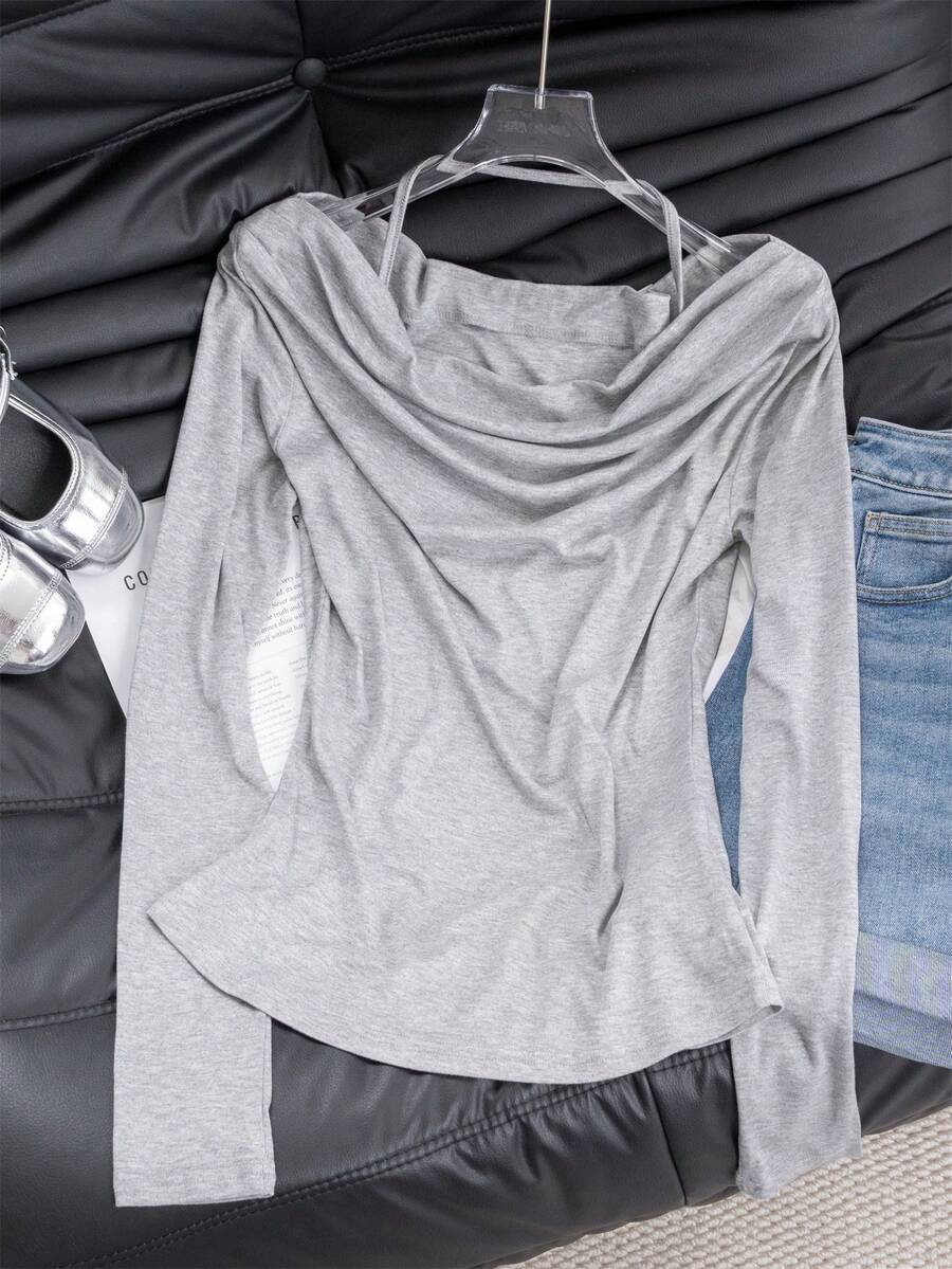 1pc Women's Open Shoulder Long Sleeve T-Shirt, Solid Color Knit Fabric, Pullover Street Style Top, Autumn/Winter