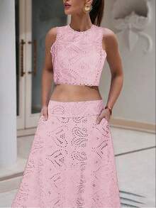 1 pieza Blusa corta sin mangas con bordado floral hueco vintage, patrón floral aleatorio - Rosa - Ver 10