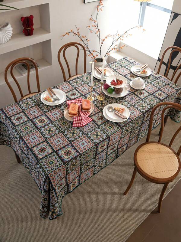1 pieza Mantel retro estilo americano, tejido jacquard de cuadros geométricos, con borde bordado de concha verde, adecuado para uso diario, festivales, fiestas, cenas, decoración del hogar, y como fondo de fotografía