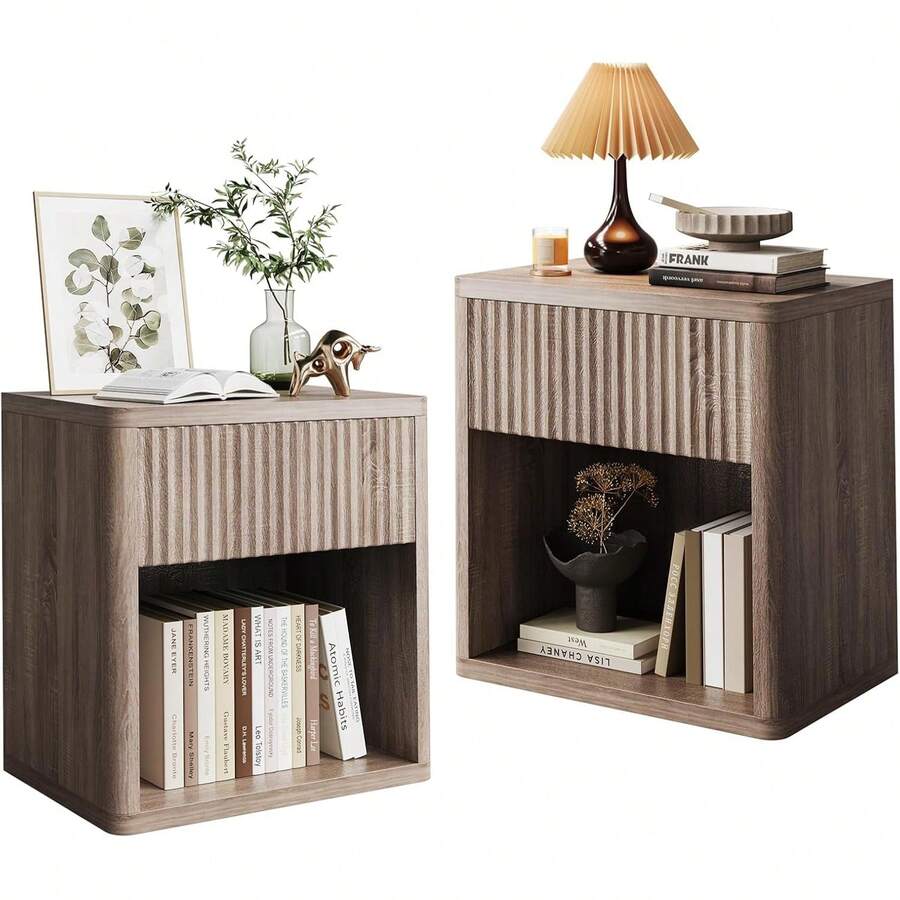 Dragonpad Fluted Nightstand Set Of 2 With Drawers, Modern Bedside Table For Bedroom, Living Room And Offices, Large End Table With Storage, Easy Assembly,Light Walnut - Walnut - View 1