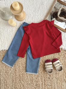 2 件女婴盖袖长袖 T 恤和樱桃刺绣直筒牛仔裤，复古街头可爱装扮，适合外出、居家、派对 - 紅色 - 查看 2