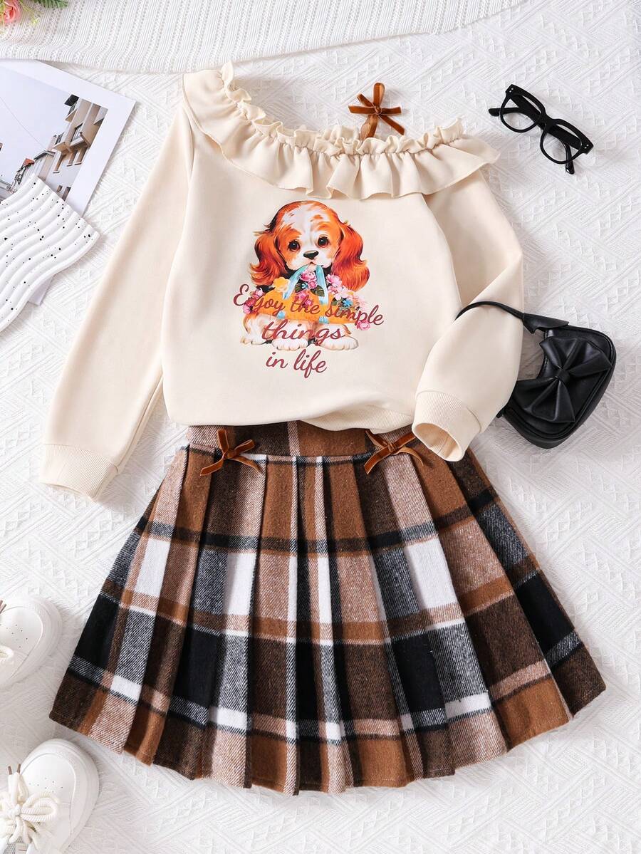 2pcs Girls Sweatshirt With Ruffle Trim & Dog Print + Plaid Skirt Set, Suitable For Spring & Autumn