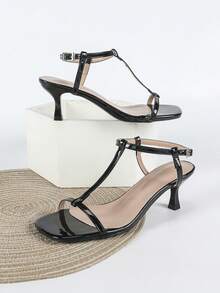 女士黑色高跟凉鞋，猫跟，单带简约设计，6厘米细高跟，搭扣闭合，舒适时尚 - 黑色 - 查看 3