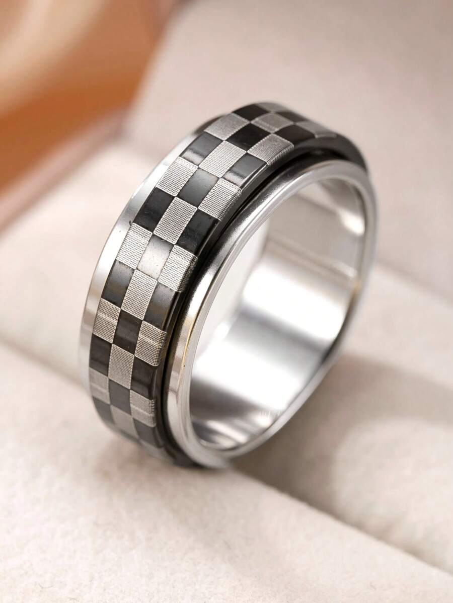 1pc Stainless Steel Rotating Ring With Black & White Plaid Pattern, Stress Relief Fidget Toy, Suitable For Men And Women, Ideal For Valentine's Day Gift