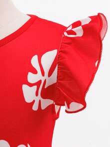 Vestido de estilo hawaiano para niñas en verano, con estampado de hojas blancas - Incluye set de corona de flores hawaianas, disfraz de Halloween y Navidad, falda hula - Rojo - Ver 7