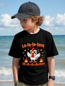 Young Boys Funny Letter & Pixel Chicken Print Short Sleeve T-Shirt - Black - View 1