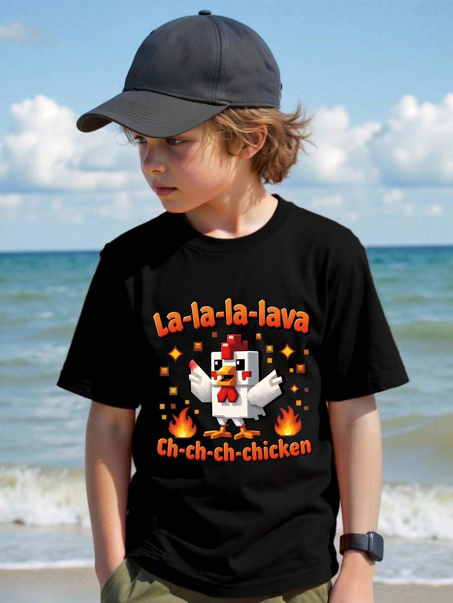 Young Boys Funny Letter & Pixel Chicken Print Short Sleeve T-Shirt - Black - View 1