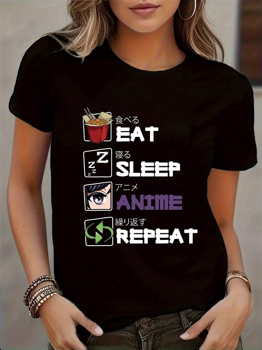 Fashion Print Fun Pattern Women's T-Shirt, Casual Round Neck Short Sleeve, Machine Washable, Perfect For Spring And Summer - 黑色 - 查看 1