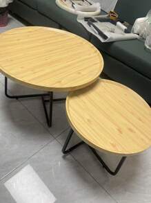 2pcs Set Suitable For Small Spaces Round Coffee Table Set - Modern Multifunctional Lift-Up Footstool With Storage, Minimalist Apartment Living Room Decor, 2pcs Nesting Tables (-Wood)