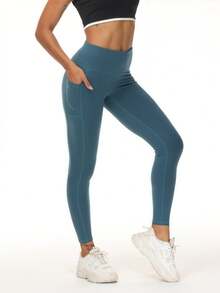 High Waisted Slim Fit Women's Sports Leggings - Yun Rou Breathable Four-Way Elastic High Waisted Abdominal Control Hip Lifting Yoga Leggings Quick Drying Running Cycling Sports Casual Autumn And Winter - Màu xanh nước biển - Xem 5