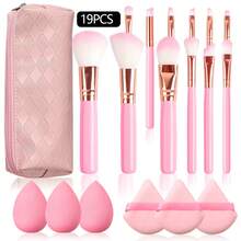 Juego de brochas de maquillaje para principiantes, set de 19 piezas de 12 brochas de maquillaje, 3 piezas de huevo sin polvo, 3 piezas de esponja triangular en polvo, 1 bolsa de almacenamiento de piezas - 12 piezas - Ver 10