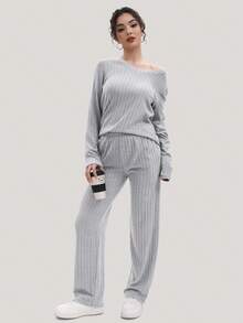 女式长袖 V 领 T 恤针织休闲弹力上衣，带凹槽和拉绒条纹，一件套 - 淺灰色 - 查看 5