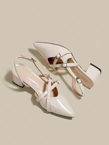 女士米色漆皮尖头单带粗跟高跟鞋，优雅尖头正式高跟鞋，时尚露跟高跟鞋 - 米色 - 查看 6