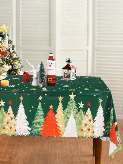 1pc Christmas Tablecloth, Christmas Tree Table Cover, Disposable PE Tablecloth, Merry Christmas Decor, Christmas Party Supplies, 2025 Christmas Deccoration, Xmas Decor, Christmas Decorations For Home, Room Decor, Table Decor, Christmas Gifts