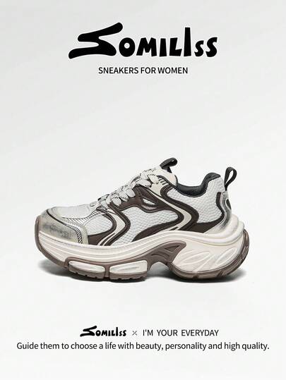 somiliss 1 Par de Zapatos Deportivos Casuales con Cordones para Mujer, Parte Superior de Piel Sintética y Malla, Zapatillas de Correr de Moda, Estilo Vintage Desgastado, Aumento de Altura de 6 cm, Zapatillas de Exterior para Caminar, Color Marrón