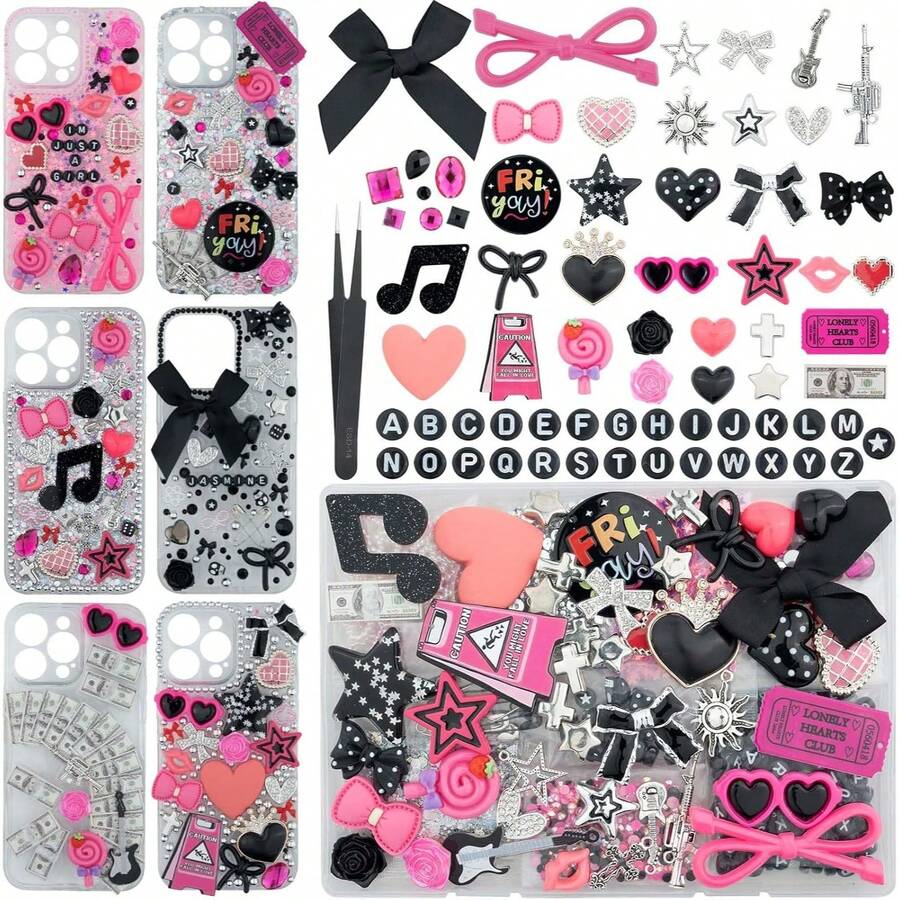 1050 Pcs Junk Phone Case Charms Kit, Charms For Customizing Cases, Kawaii Bow, Letter Beads, Nail Accessories, Flatback Pearls, Rhinestones, Cute Aesthetic Decor For Personalization - 預設 - 查看 1