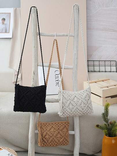Tassel Woven Crossbody Bag, Portable Solid Color Shoulder Bag, Perfect Messenger Bag For Daily Use Best Gifts For Carnival