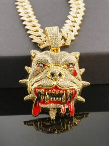 1 Set Bulldog Pendant Rhombus Cuban Chain Necklace & Bracelet, Men's Red Watch, Fashionable & Cool Men Accessories