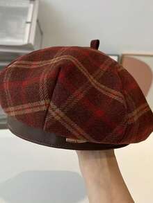 1 pieza Boina octogonal de estilo británico retro a cuadros para mujer, de otoño/invierno, de poliéster, de uso casual - Multicolor - Ver 8
