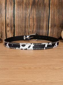 1条男士西部风格哑光雕刻黑白奶牛纹铆钉腰带，百搭配饰，适合夏季、秋季、万圣节、秋冬季节，适合青少年、青年、男士，休闲、户外、运动、度假、毕业礼物、生日礼物、日常佩戴 - 黑白奶牛紋鉚釘 - 查看 4