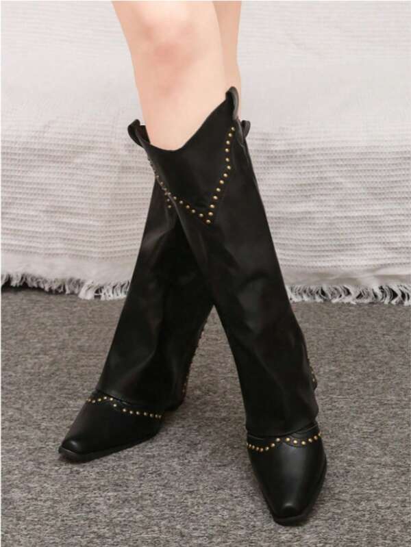 Bottes hautes à talons épais noires pour femmes, avec bout carré. Bottes pantalon rétro à rivets, style français, bottes de cow-boy polyvalentes. Convient aux petites tailles, bottes mi-mollet