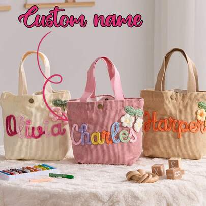 1 chiếc túi tote vải nhung kẻ thủ công in tên theo yêu cầu, túi vải canvas in hoa cá nhân hóa, túi tote tùy chỉnh, túi quà tặng tựu trường, túi tote du lịch, phù hợp cho học sinh trung học cơ sở, trung học phổ thông và sinh viên năm nhất, năm hai, năm ba đại học. Túi đựng đồ du lịch, túi sắp xếp đồ dùng văn phòng.