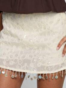 Women Y2k Floral Embroidery Mini Skirt Low Rise Sparkly Sequin Tassel Short Skirts Summer Solid Color Pencil Skirt Club Party Going Out Skirt - 白色 - 查看 5