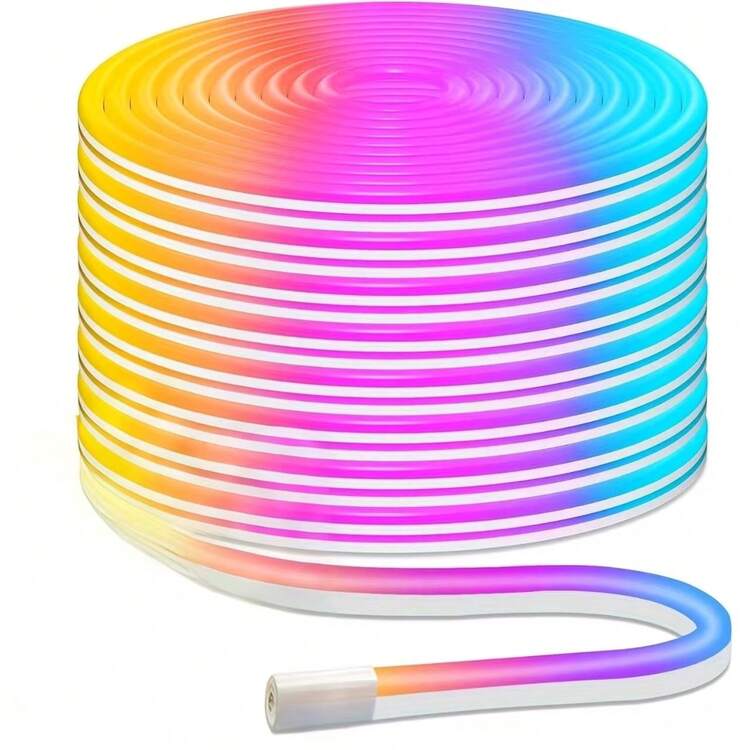 49.2 英尺 RGB LED 霓虹灯绳，RGB 灯，LED 灯带带遥控器户外 RGB 霓虹灯防水，音乐同步 LED 灯带，智能变色 DIY 模式霓虹灯柔性 LED 灯适用于卧室、室内、室外、游戏室装饰 - 彩色 - 查看 1