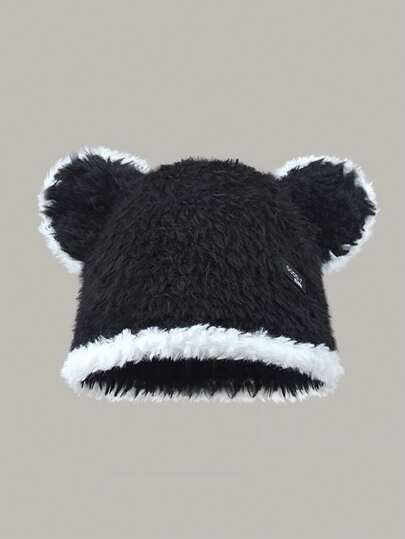 1 Peça Chapéu Balde de Pelúcia com Orelhas de Urso Retalho Feminino, Novo Chapéu de Inverno Coreano Doce e Fofo à Prova de Vento, Chapéu Balde Versátil e Único na Moda para Uso Diário