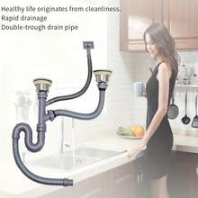 双槽厨房水槽排水系统，蔬菜清洗盆排水管，水槽排水管，塑料排水软管，适用于浴室和厨房水槽 - 彩色 - 查看 6