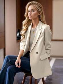 Casual Beige Blazer Jacket For Women, Fashionable Design, High-Quality, Loose Fit, Spring/Autumn 2025 New Arrival - Beige - View 2