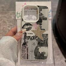 1pc TPU Vintage Architecture & Lip Print Star Lamp Mosaic Pattern Phone Case For IPhonnmi - White - View 2