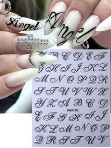 2片装3D哥特字母美甲贴纸，时尚浪漫英文单词字母符号设计，DIY Y2K自粘滑块，美甲装饰配件，美甲用品，送给女性和女孩的礼物 - 黑色 - 查看 4