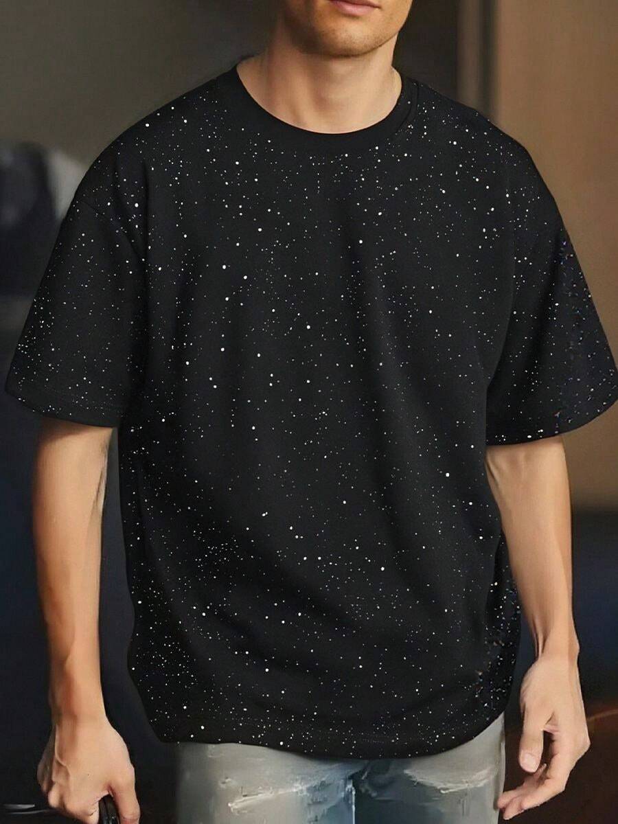 GRDR Męska chłodząca, oddychająca, odprowadzająca wilgoć, błyszcząca koszulka z krótkim rękawem i nadrukiem w gwiazdy - Czarne - Zobacz 1