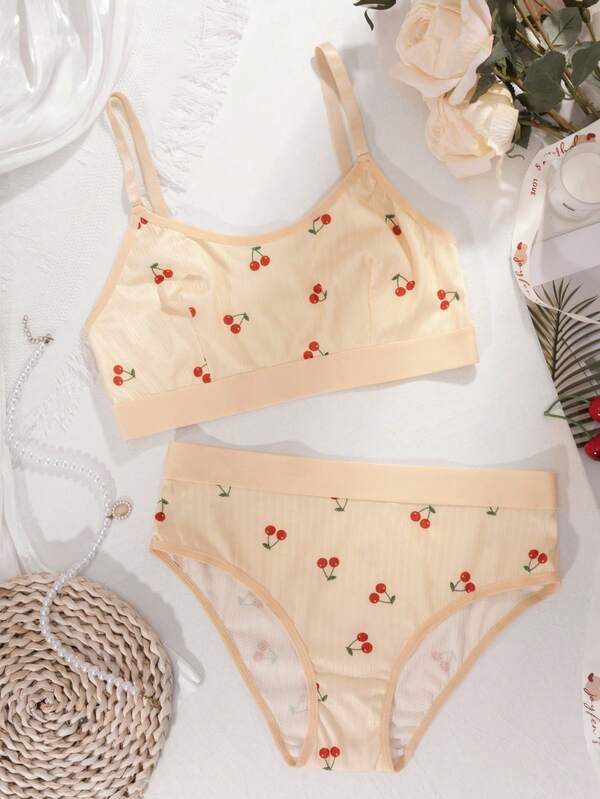 Conjunto de lencería color champán para mujer, sujetador inalámbrico y pantie, dulce y lindo, conjunto de ropa interior deportiva delgada y transpirable