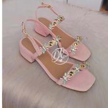 Women's Sandals, Low Block Heel, Thick, Comfortable, Rhinestones, Women's Casual, Woman - 淺粉色 - 查看 4