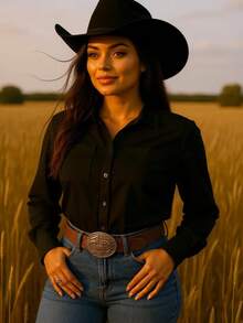 Women's Country Shirt Women's Rodeo Clothing T-Shirt With Simple Pockets Pocket Buttons On The Front Button Holiday - 黑色 - 查看 2