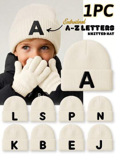 1 件儿童字母刺绣针织帽，26 个字母可选，柔软亲肤，可爱迷人，适合秋冬日常穿着、户外活动、兄弟姐妹和亲子搭配