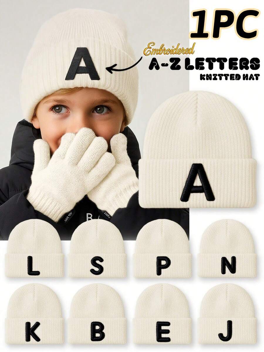 1 pezzo Berretto lavorato a maglia con ricamo di lettere per bambini, 26 lettere disponibili, morbido e delicato sulla pelle, carino e adorabile, adatto per l'autunno/inverno per uso quotidiano, attività all'aperto, coordinato tra fratelli e genitore-figlio