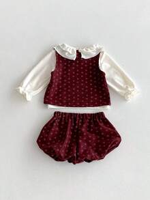 3pcs Baby Girl Sweet Peter Pan Collar Undershirt, Ditsy Floral Vest, Ruffle Pants Set, Autumn