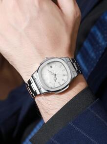 1 件男士时尚简约方形表盘日历不锈钢石英商务腕表，不含表盒