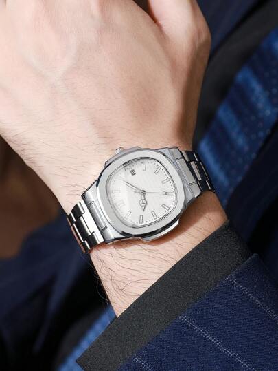 1pc Square Dial Calendar Stainless Steel Quartz Business Wrist Watch, No Horloge Box Included view 3